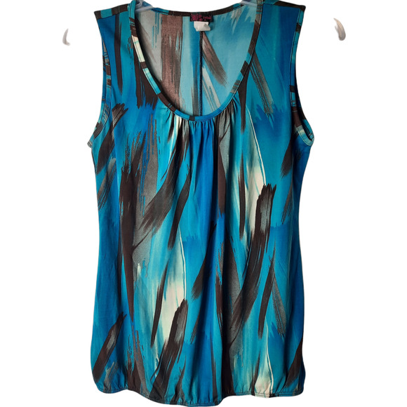 Agenda sleeveless blouson style painted stripes turquoise, brown, tan Large - Picture 1 of 5